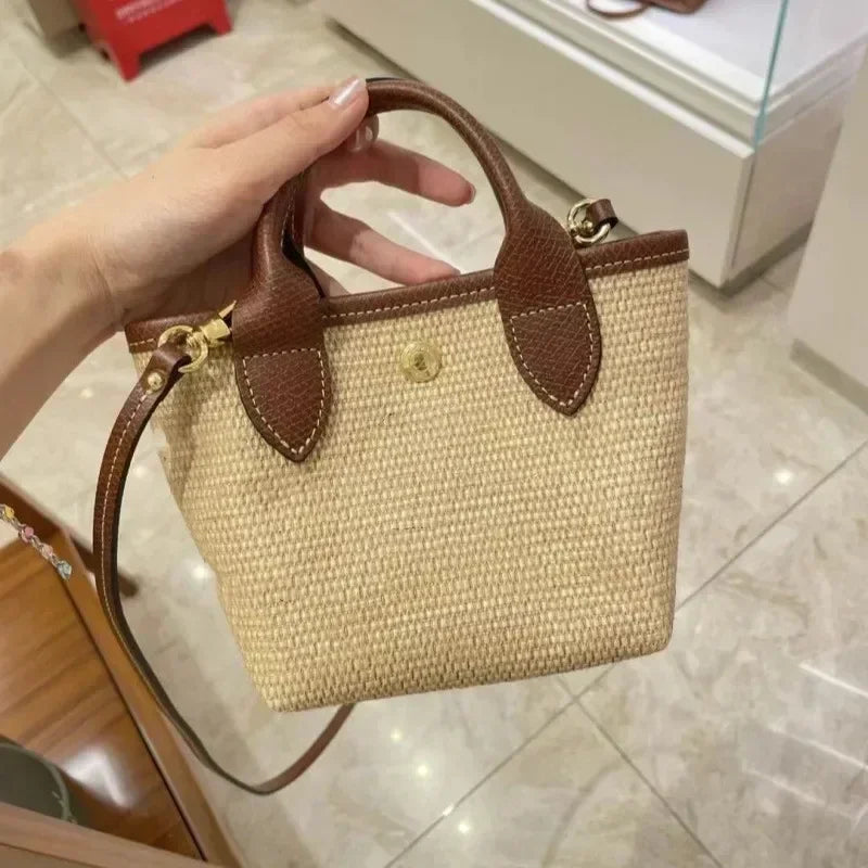 Sac en paille tressé - Sac bandoulière mini - Sac à broderie - Sac seau épaule pour femmes