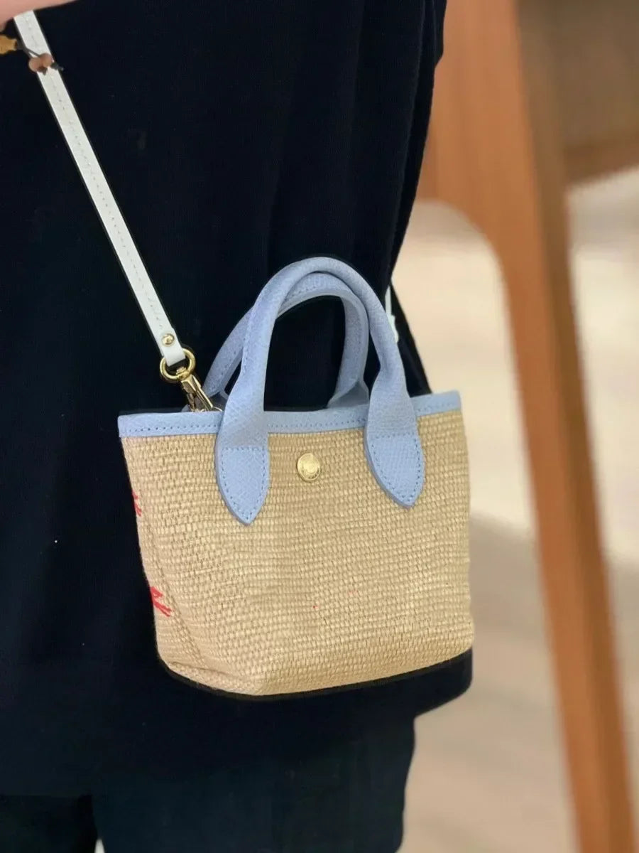 Sac en paille tressé - Sac bandoulière mini - Sac à broderie - Sac seau épaule pour femmes